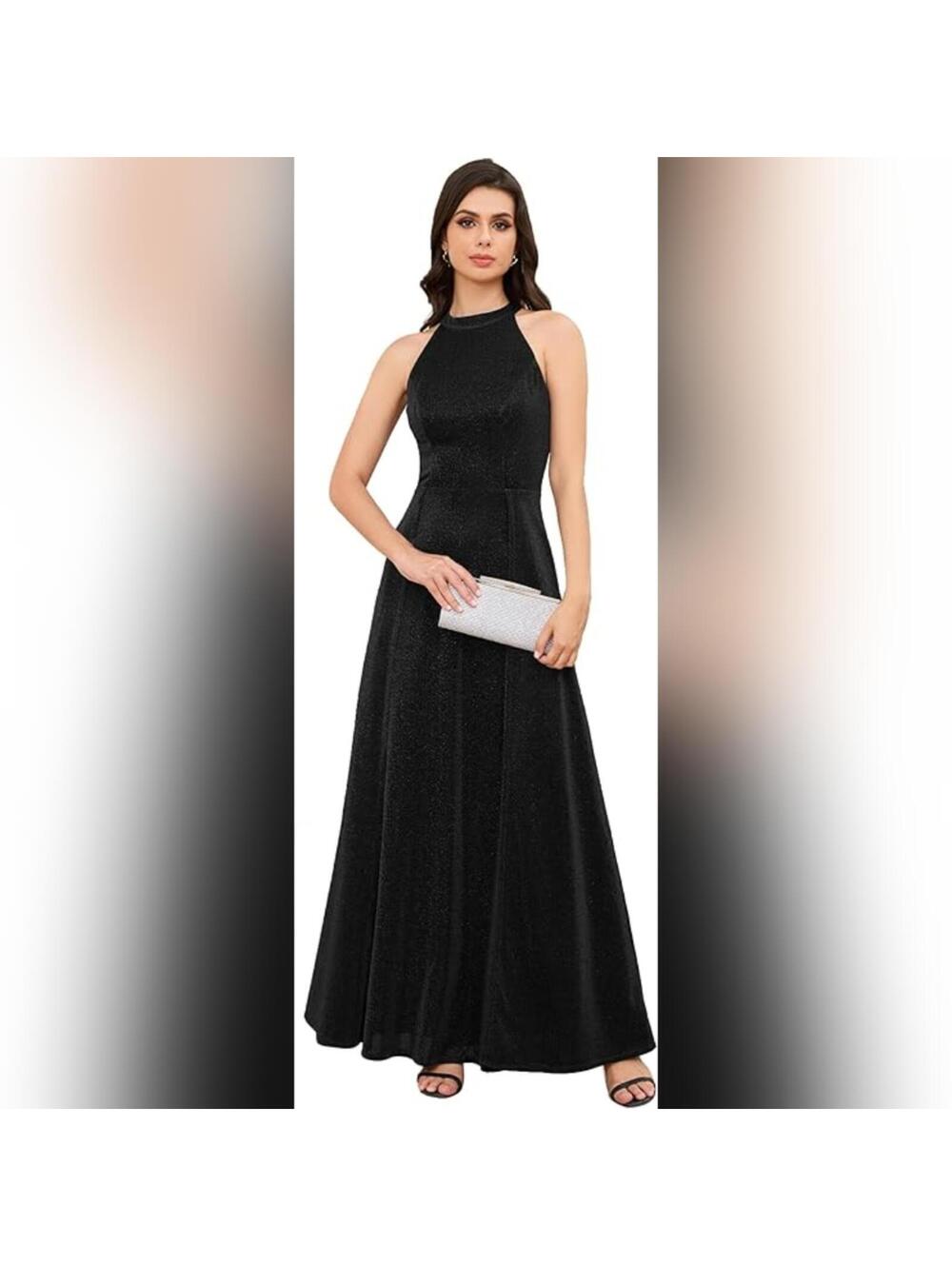 NWT MIQILADUNA Glitter Long Formal Halter Party Cocktail Evening Gown Dress, M